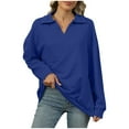 thumbnail image 2 of CLOISE Women's Sweatshirts Solid Color Pullover Sweatshirts Lapel V Neck Long Sleeve Hoodies Shirts Blue Drop Shoulder Tops Fall Casual Preppy Clothes XL, 2 of 5