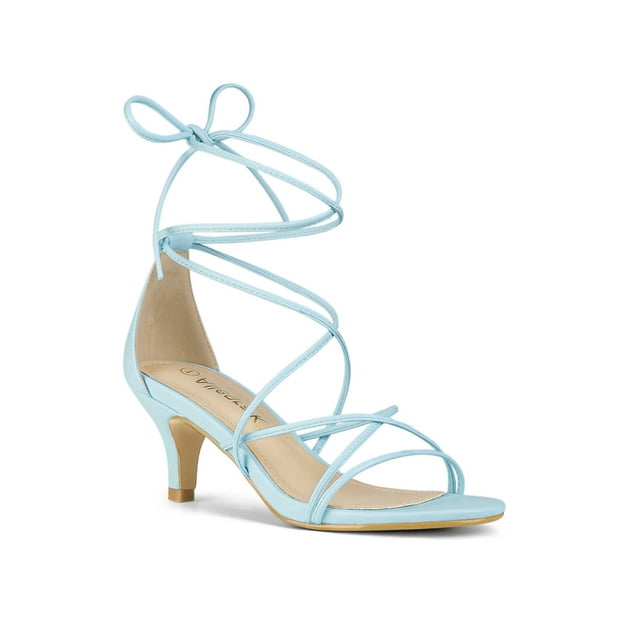 BLISSFUL STEP Style Sandales à Lacets à Brides à Talon Kitten pour Femmes pour la Rentrée Bleu Ciel 7