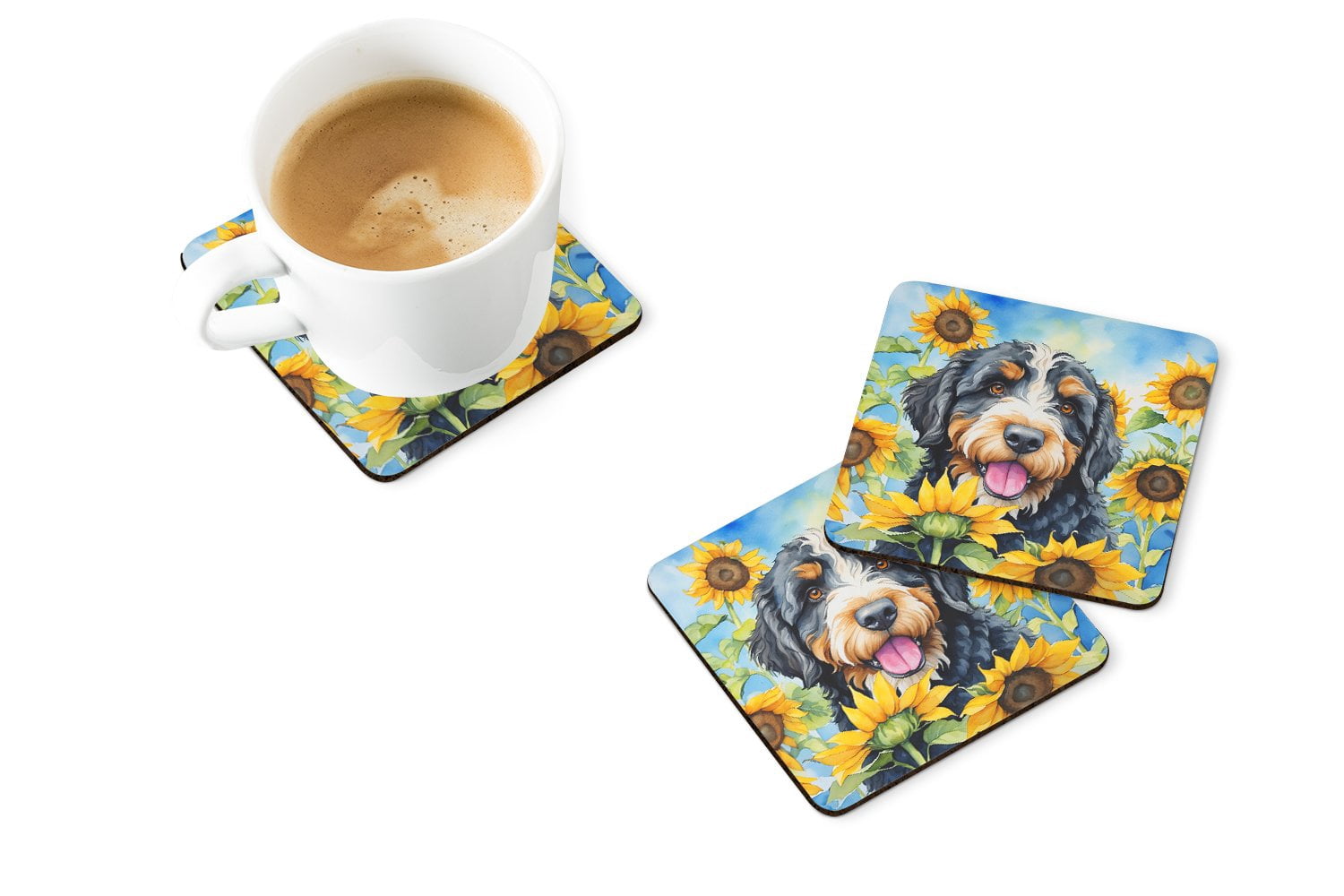 Bernedoodle in Sunflowers Foam Coasters 3.5 in x 3.5 in