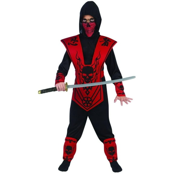 Fun World Ninja Boy's Fancy-Dress Costume with 7 Pieces for Children, Medium (8-10)