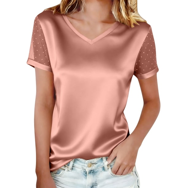 TaTaai Casual Solid Color Women T Shirt Mesh Rhinestone Bubble Short Sleeve V Neck Loose Fit Soft Shiny Breathable Daily Lounge Street Wear Blouse Gift