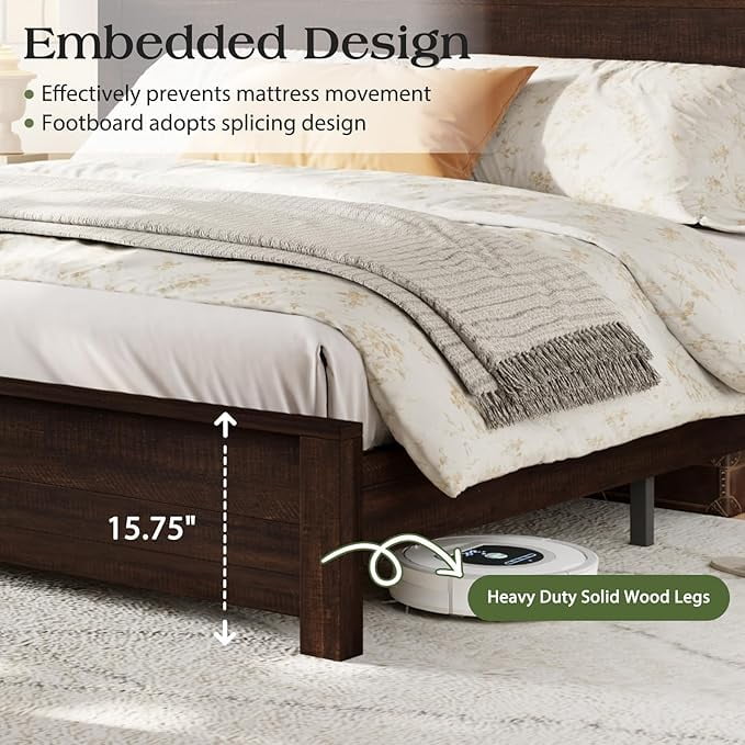 VanAcc Full Size Wood Platform Bed, Rustic Bed Frame with 51.2" Tall Slatted Headboard, Wooden Slats & Metal Support, Noise Free, Dark Brown