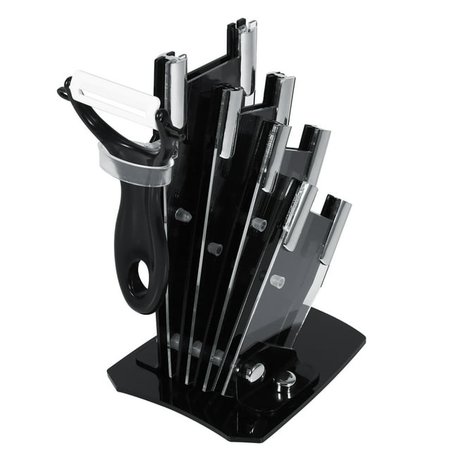 Soporte moderno para cuchillos de cocina transparente con capacidad para 3, 4, 5 y 6 pulgadas, y pelador para un almacenamiento eficiente