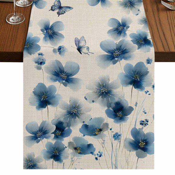 Table Runners 90 Inches Long Dress Scarves, Navy Blue Floral Farmhouse Coffee/Dining/Kitchen Table Runner for Living Room, Spring Flowers Rustic Butterfly 13x90 Inch