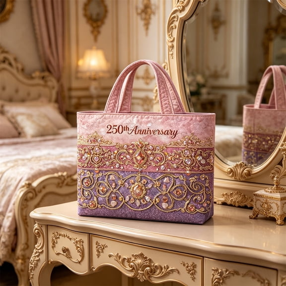 250th Anniversary Tote Bag, Patriotic Embroidered Handbag, Pink Purple Gemstone Style Commemorative Tote for Daily Carry & Events, 13.8x15 Inch