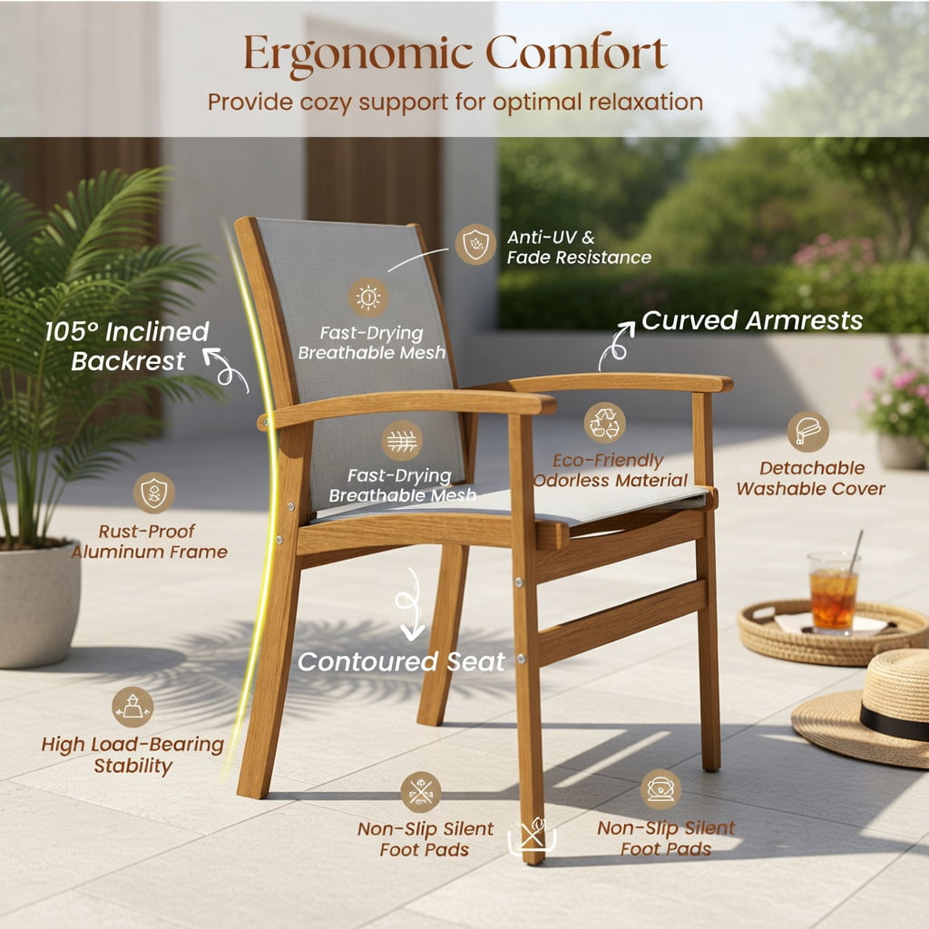 Hommoo 2-Piece Acacia Wood Patio Dining Chairs Set, Breathable Fabric Seat & Back, Outdoor Armchairs for Deck, Patio or Poolside, Natural+Beige