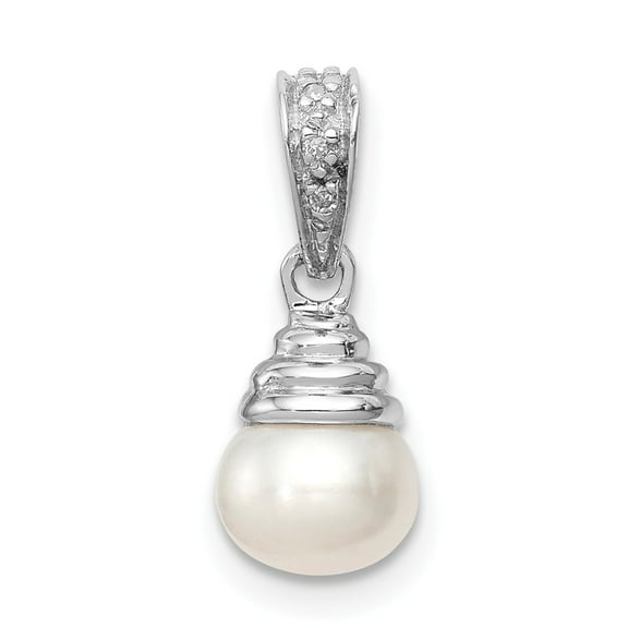 925 Sterling Silver Rhodium 6mm FW Cultured Pearl & Diamond Pendant; for Adults and Teens; for Women and Men