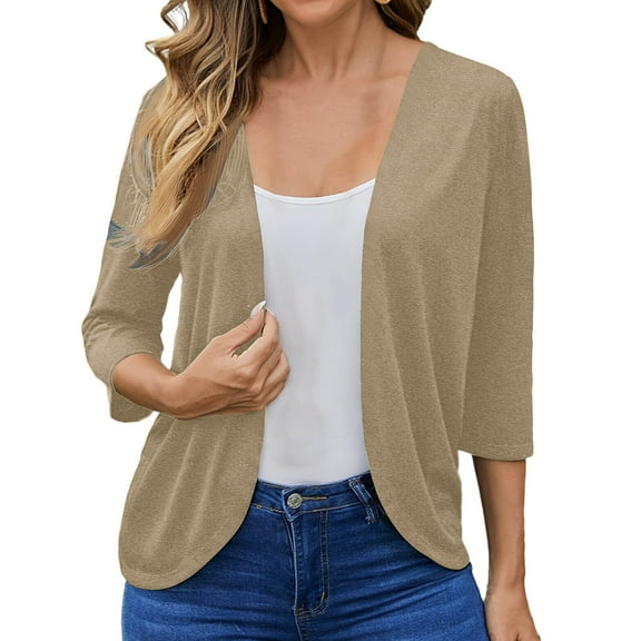 Light Sweaters for Women Summer New Women's 3/4 Sleeve Shrugs Lightweight Open Front Cardigan Casual Soft Loose Fitted Cropped Tops Coat Beige M