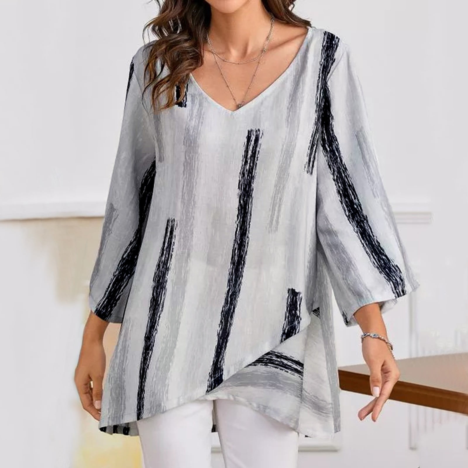 3/4 Length Sleeve Womens Tops, Women's New Cotton And Linen V-Neck 3/4 Sleeve Striped Stitching Top Camisetas Manga Codo Mujer - Walmart.com