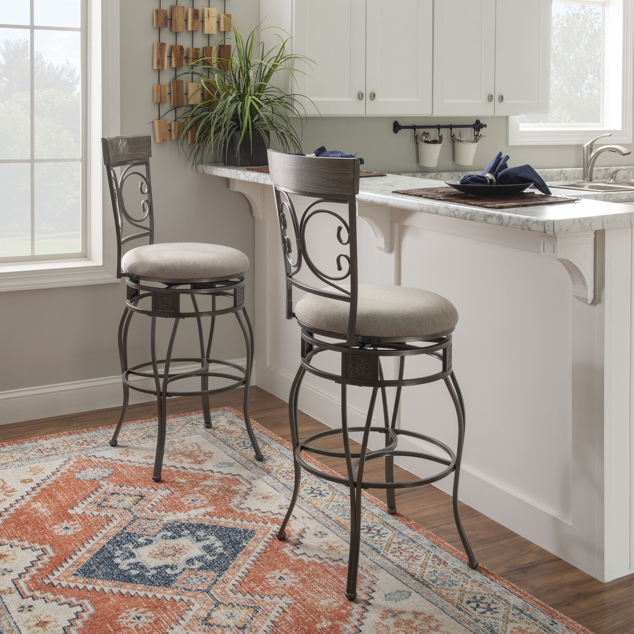 Powell Big & Tall 30" Indoor Metal Ornate Swivel Bar Stool, Graywash/Light Gray