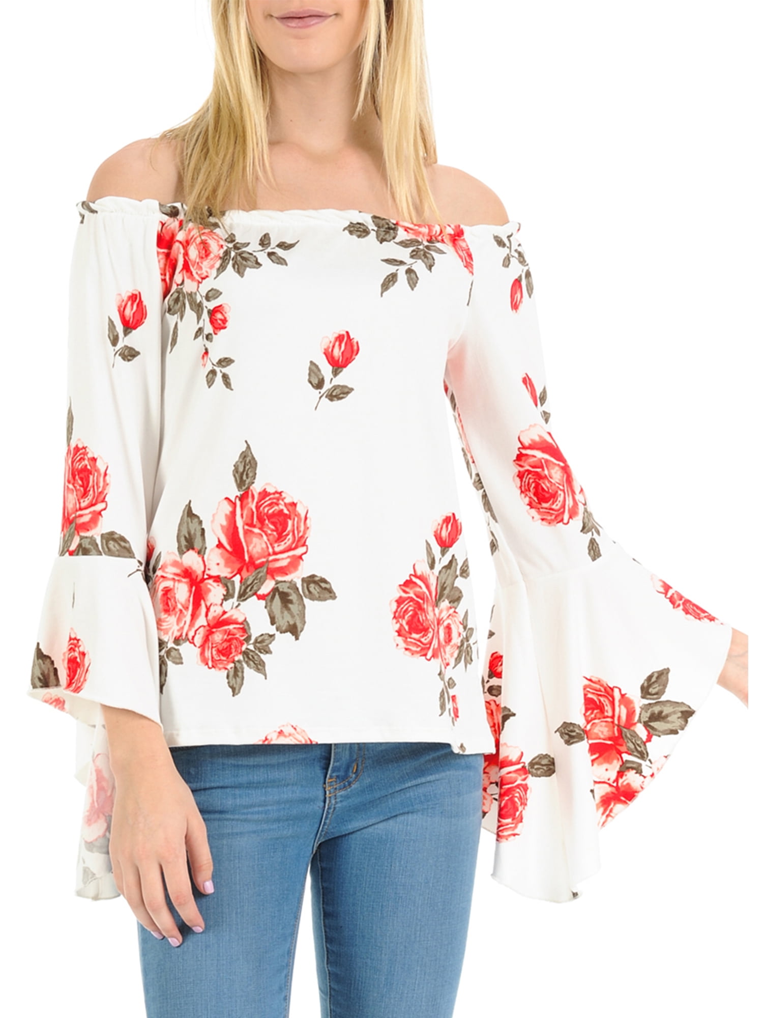 BASICO Comfy Loose Fit Cold Off Shoulder Flower Ruffle Long Sleeve Tops Blouses Knit TShirt
