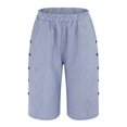 thumbnail image 4 of Blue Women's Shorts, Women'S Cotton And Linen Striped Elastic Waistband High Waistband Pockets Side Buttons Loose Casual Pants Three Quarter Pants,Women's Shorts M, 4 of 9