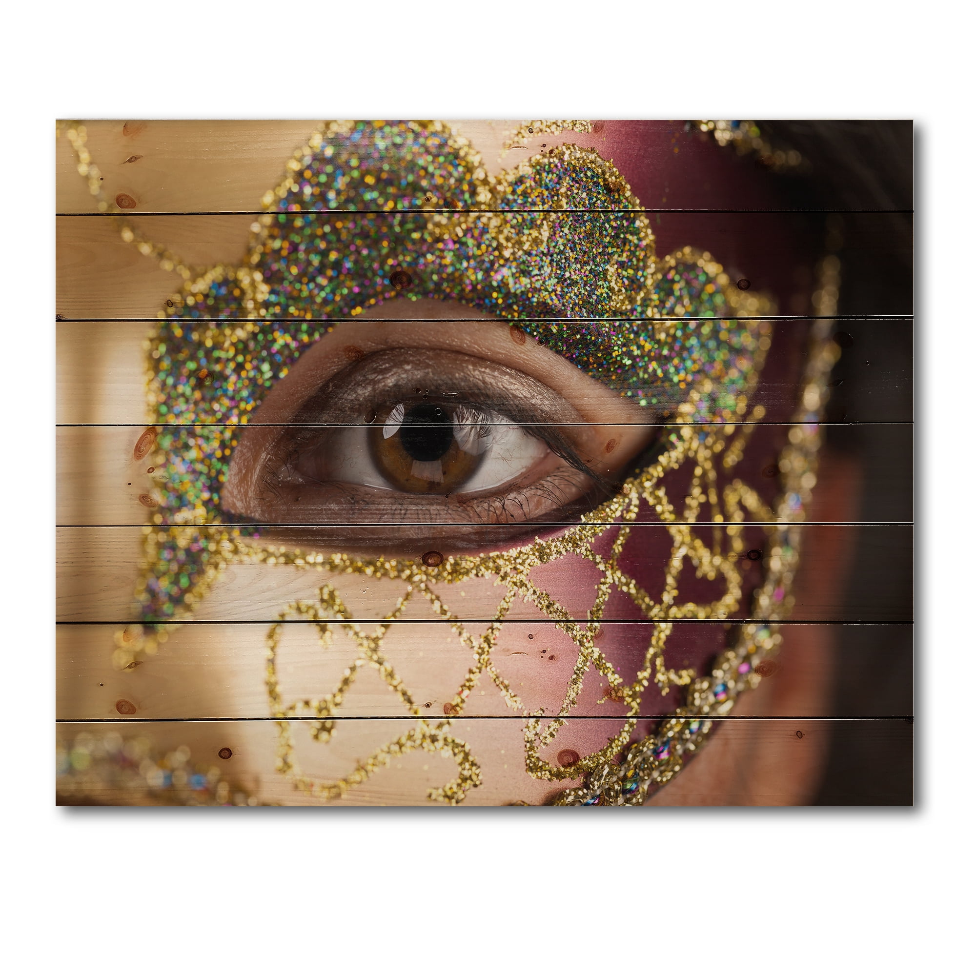 Designart 'Girl With Venetian Mask' Modern Print on Natural Pine Wood