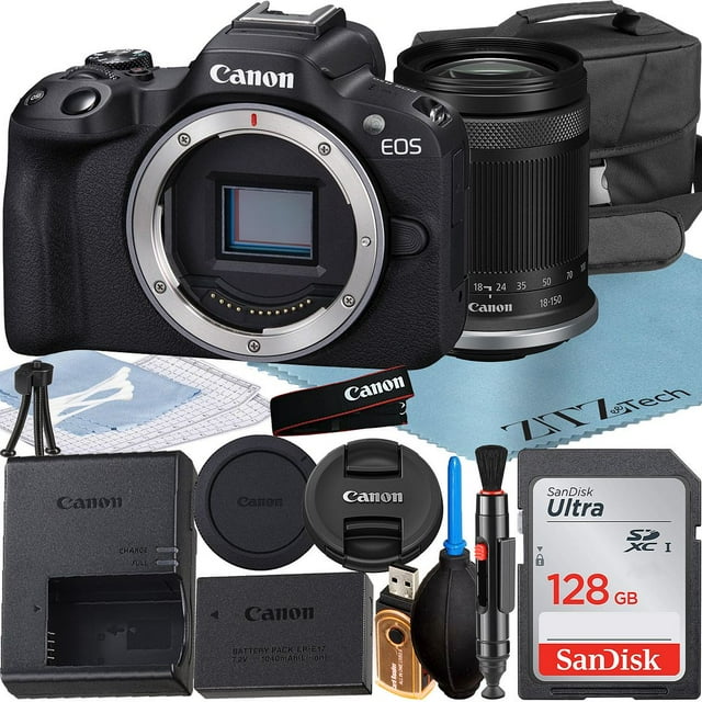 Canon EOS R50 Appareil Photo Sans Miroir avec Objectif RF-S 18-150mm + Carte Mémoire SanDisk 128 Go + Étui + Ensemble d'Accessoires ZeeTech