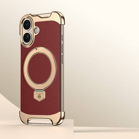 Frameless for iPhone 17 Case, Compatible with Magsafe, Minimalist Shockproof Phone Shells, Magnetic Aluminum Metal Leather Case, Scratch Resistant Protective Case with Stand, Red