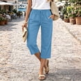 thumbnail image 6 of Petite Capris Pants for Women Cotton Linen Casual Summer Straight Wide Leg Loose Drawstring Elastic Waist Cropped Trouser Light Blue 2XL, 6 of 6