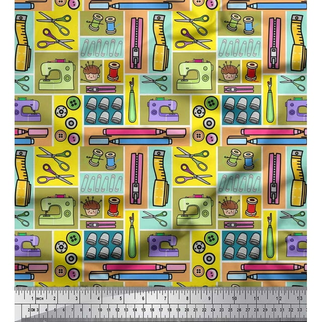 Soimoi Modal Satin Fabric Scissor,Buttons & Machine Sewing Print Fabric by The Yard 42 Inch Wide