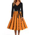 thumbnail image 4 of Halloween Dresses for Women Candy Witch Hat Long Sleeve Hepburn Cocktail Retro Dresses V Neck 1950s Fall Casual Tea Length Dress with Belt M, 4 of 5