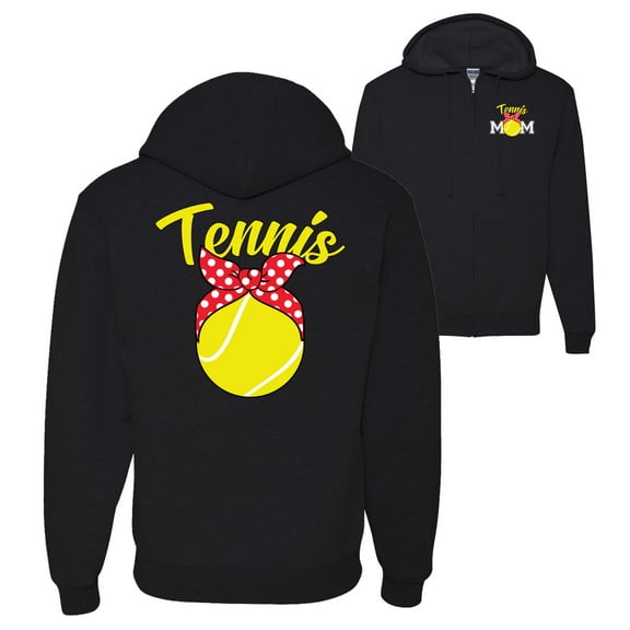 Wild Bobby,Tennis Mom Cute Bow Ribbon Tennis Ball Sports Front and Back Graphic Zip Up Hoodie Sweatshirt, Black, Small