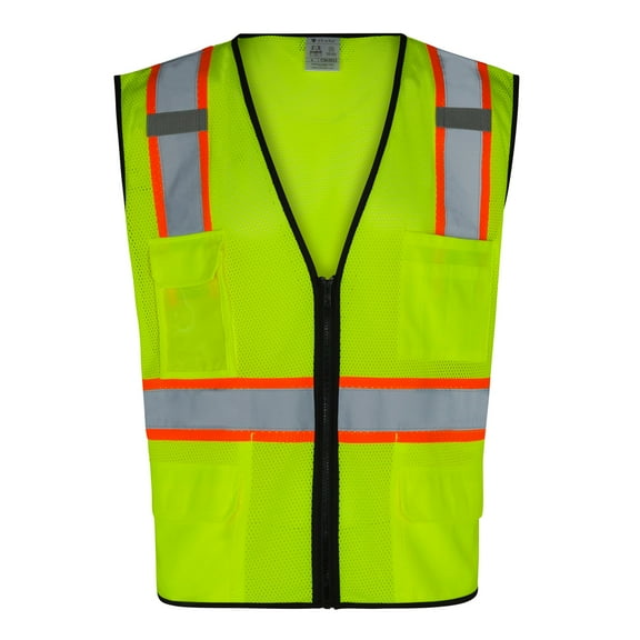 Everyday ANSI Class 2 with Contrast and Black Trim with 6 Pockets Zipper Vest (LIME)