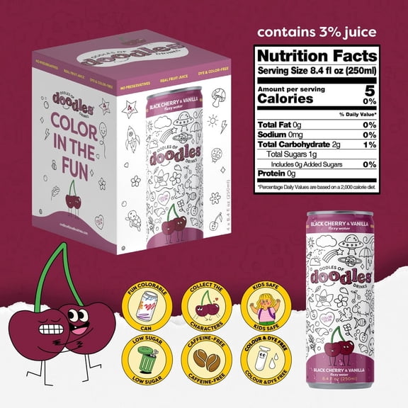 Oodles of Doodles Black Cherry Vanilla Lightly Sparkling No Added Sugar Kids Drink 4-Pack 8.4 fl oz