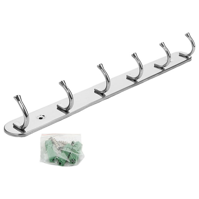 Stainless Steel Wall Mount Hook Rack - 6 Hangers, Space-saving, for Coats, Hats, Keys, Scarves, Suitable for Bathroom, Garage, Door Back, Easy to Install, Silver