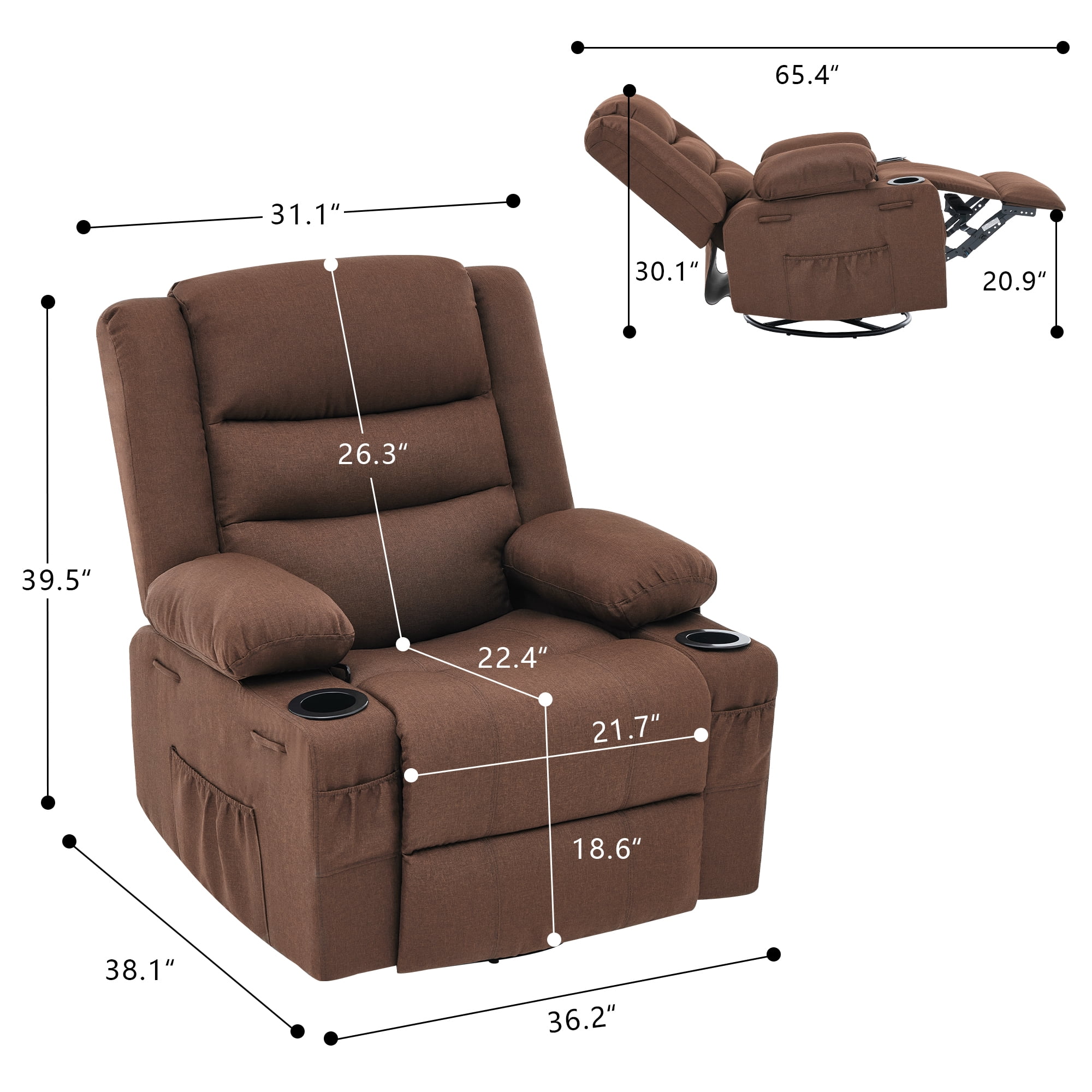 GAOHAPY Rocker Recliner Chair,360° Swivel Recliner Chair for Adults,Oversized Single Sofa Seat with Cup Holders,Recliner Single Sofa with Side Pocket(Brown)