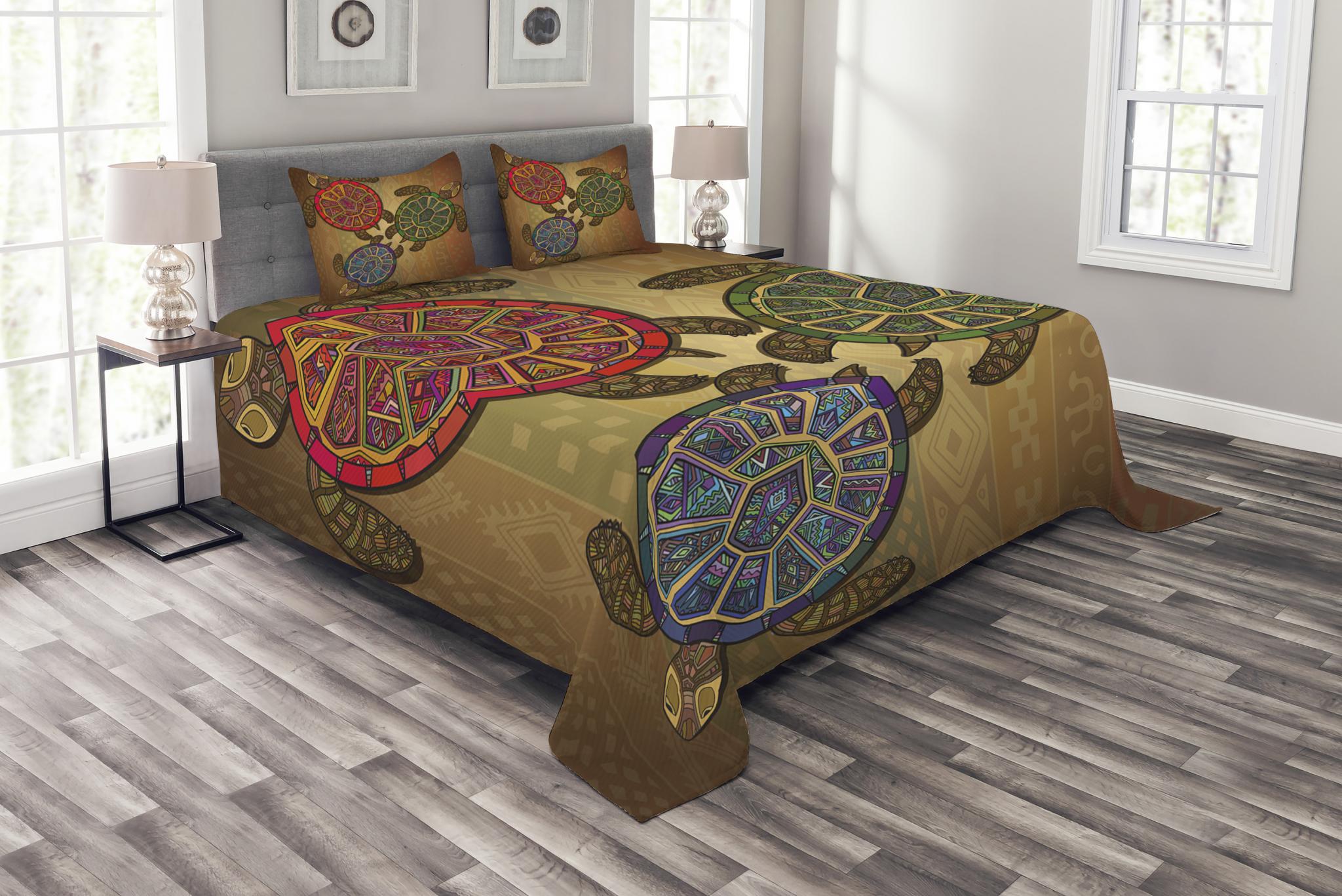 Turtle Bedspread Set, Three Ocean Turtles Ethic Style Animals Geometric