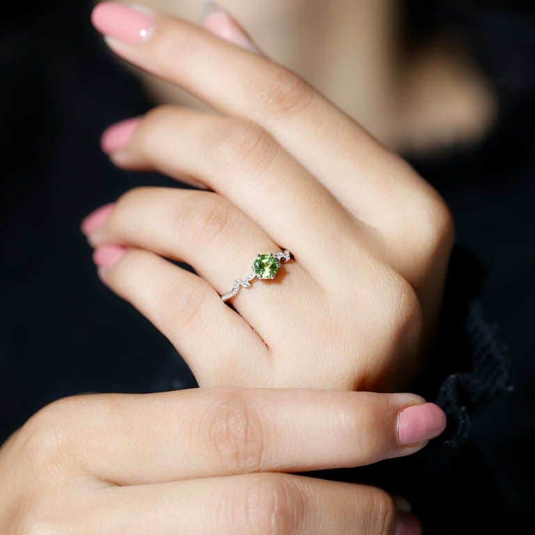 Peridot Promise Ring with Diamond for Women Beaded Leaf Ring AAA Quality 14K White Gold US 6.00