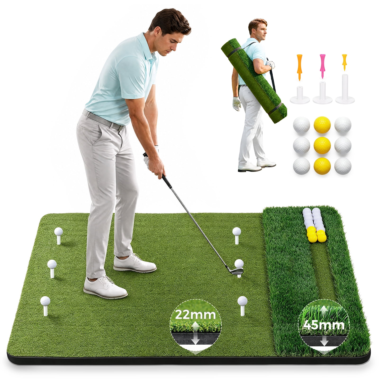 Vipuse 5*4FT Premium Golf Hitting Mat - Indoor/Outdoor Golf Practice Mat with Fairway & Rough Turf, Includes Golf Balls, Tees & Strap, Perfect for Swing, Chipping & Driving Training for All Skil