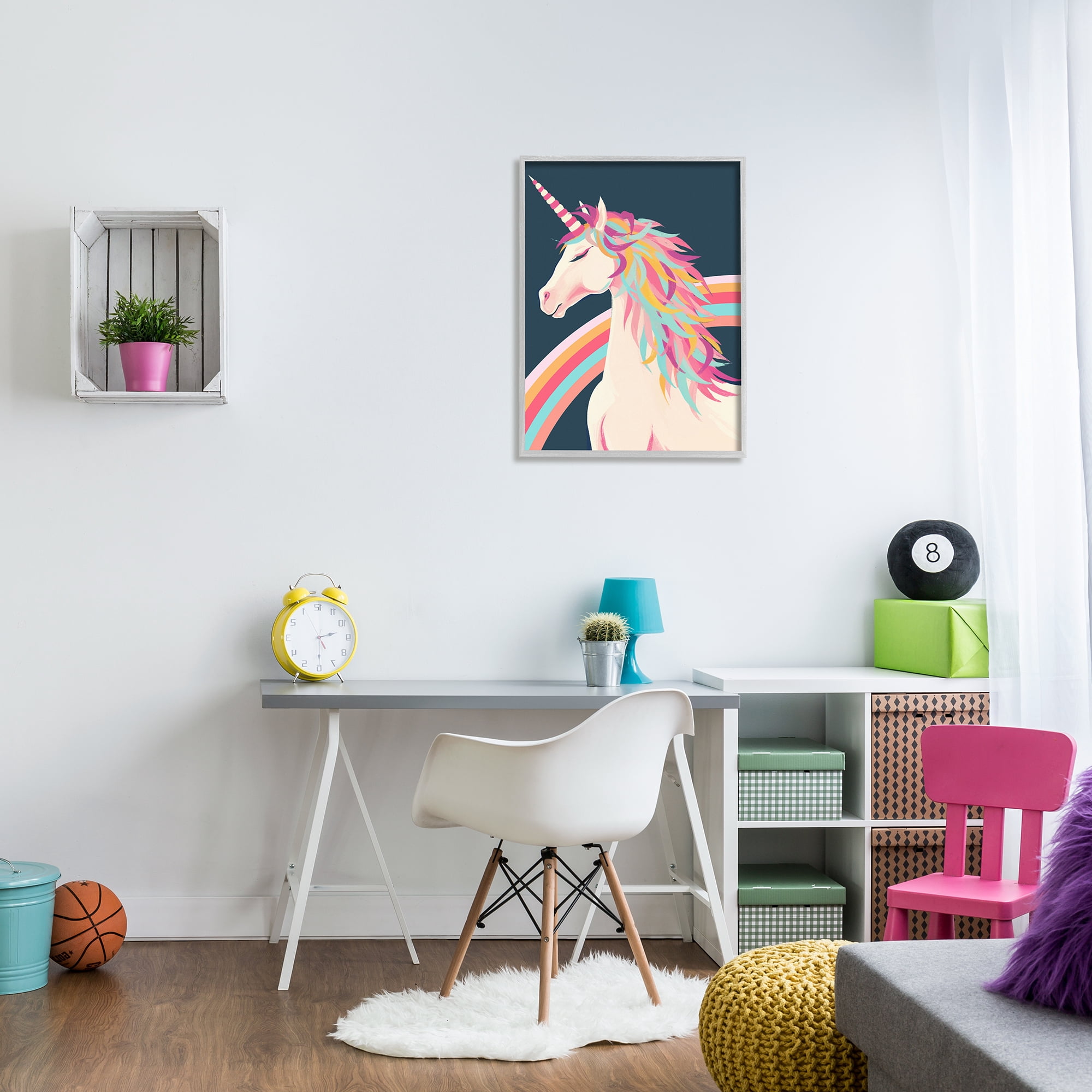 Stupell Industries Unicorn Rainbow Mane Fairy Tales & Fantasy Painting Gray Framed Art Print Wall Art, 24 x 30