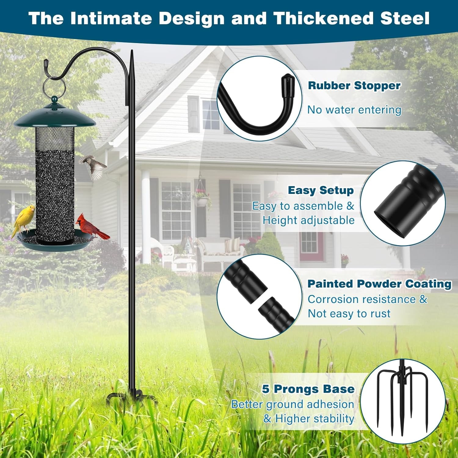 47 inch Small Shepherds Hooks for Outdoor with 5 Prongs, Adjustable Bird Feeder Pole Garden Hooks for Hanging Lanterns, Plants Baskets, Hummingbird Feeders, 1 Pack