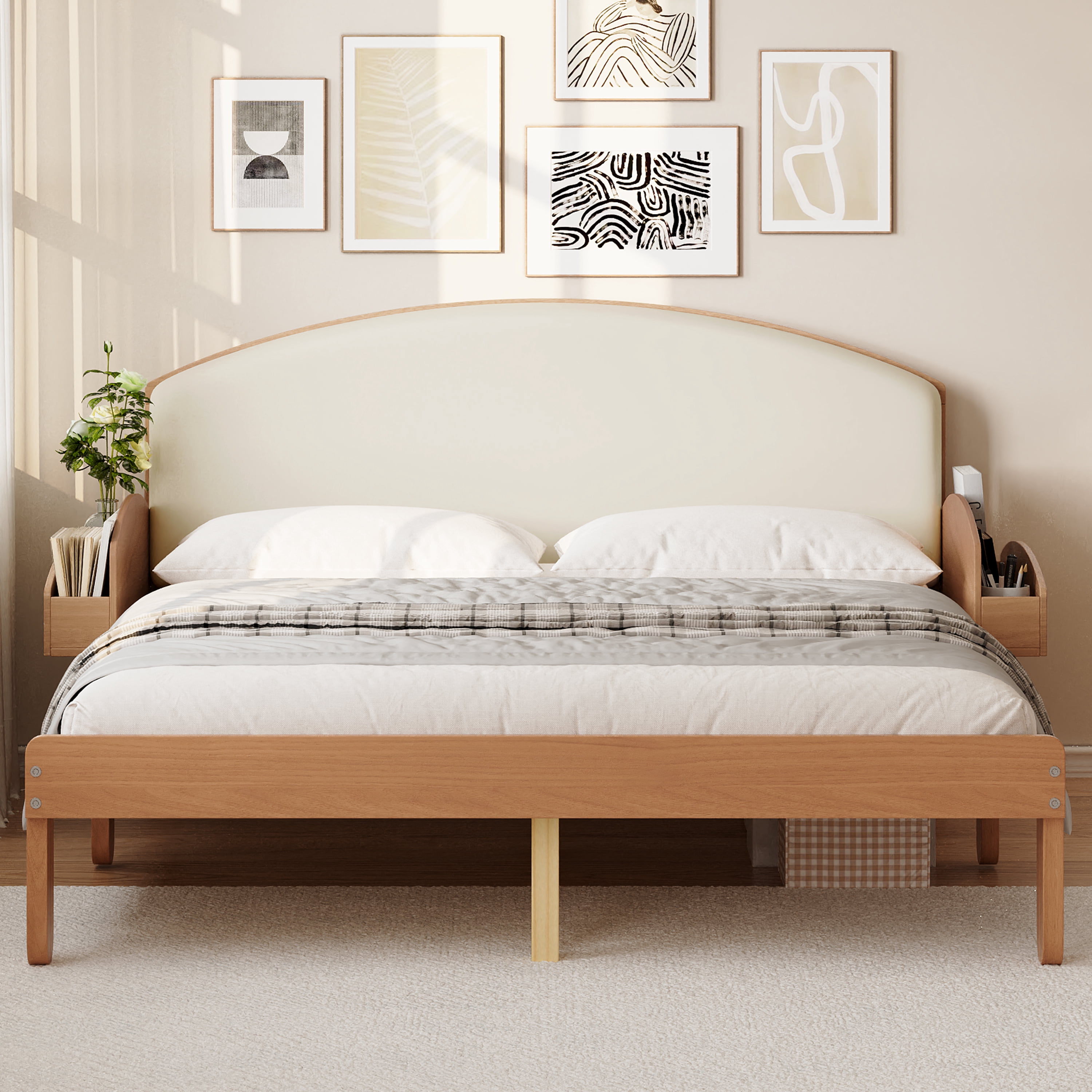Euroco Full Size Platform Bed with Upholstery Headboard, Wood Bed Frame with Storage Shelves, No Box Spring Needed, Light Walnut