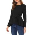 thumbnail image 4 of INSPIRE CHIC Women's Elegant Long Sleeve Knit Stretch Round Neck Tie Waist Flare Peplum Top L Black, 4 of 5