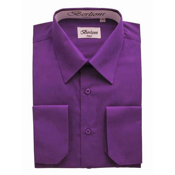 Berlioni Italy Men's Convertible Cuff Solid Dress Shirt Purple