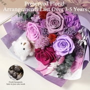 Emibele Preserved Flower Bouquet Gifts for Mom,Purple Eteranl Roses Bouquets with Bear, Gifts for Her Women Wife Grandma on Valentines Mothers Day Birthday Anniversary