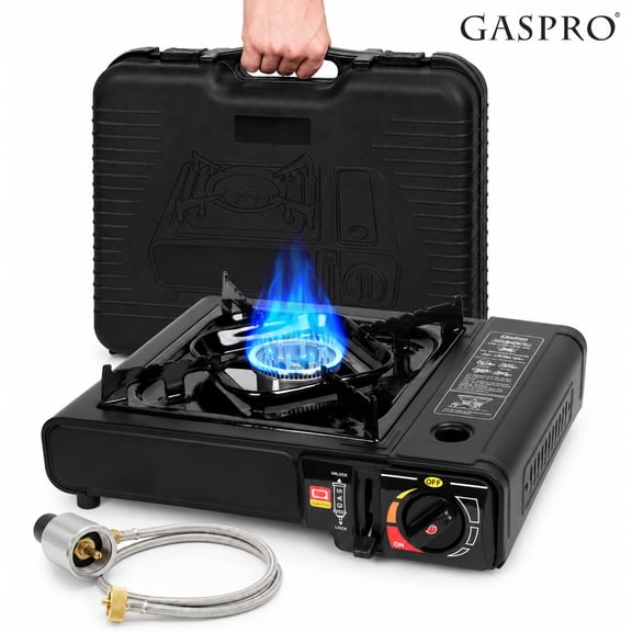 GASPRO Portable Dual Fuel Gas Stove with Stainless Steel Braided Hose, 7800 BTU High Output, Butane & Propane Compatible for Camping, Hiking, Tailgating & Emergency Use, Includes Carrying Bag
