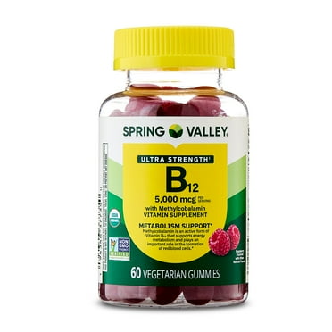 Spring Valley Ultra Strength Vitamin B12 with Methylcobalamin Vitamin Supplement Vegetarian Gummies for Metabolism Support, Raspberry Flavor, 5000 mcg, 60 Count