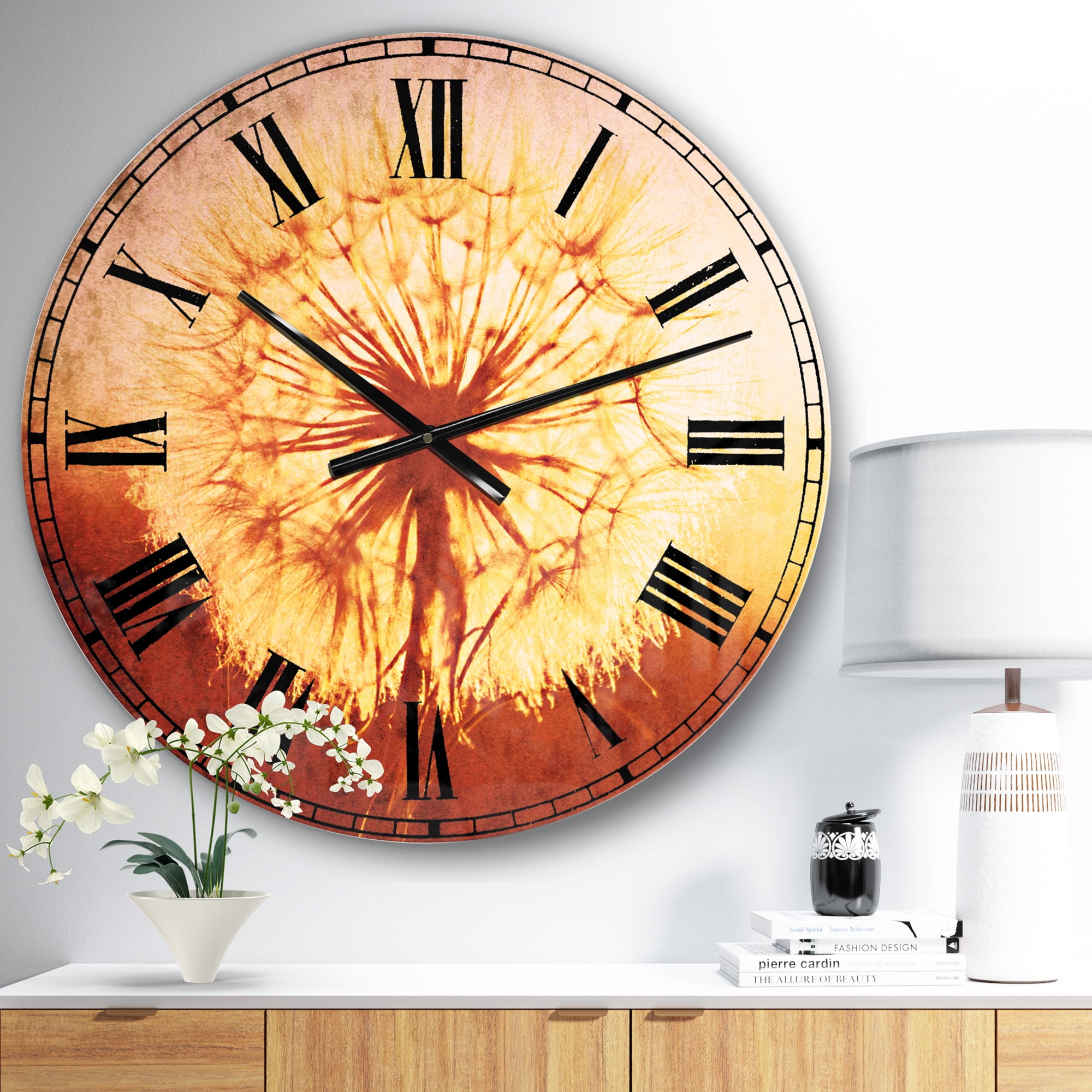 Designart 'Blossom Dandelion Flower on Brown' Traditional wall clock