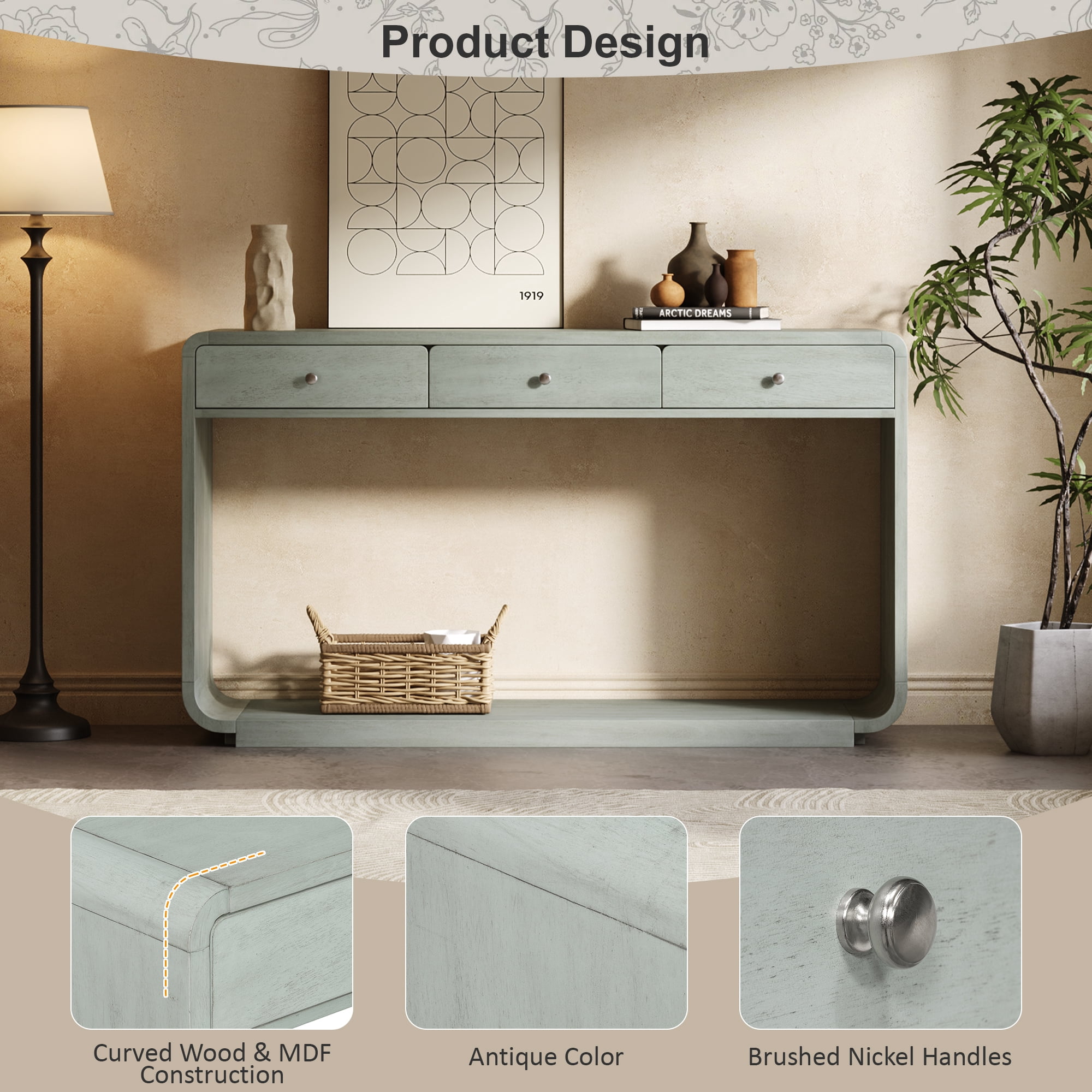 Mintazer Curved Rounded Console Table with Brushed Nickel Handles, Entryway Table with 3 Drawers & Open Bottom Shelf, Anti-Tip Sofa Table for Hallway Living Room Foyer, Blue
