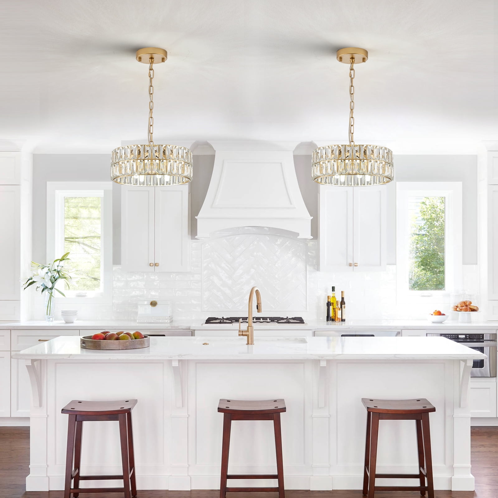 Small Gold Crystal Chandeliers, Modern Semi Flush Mount Chandelier 4-Light Drum Crystal Ceiling Pendant Light Fixture 12” for Foyer Entryway Kitchen Hallway Dining Room