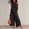 thumbnail image 3 of Linen Sets for Women 2 piece Sleeveless Ruffle Top Wide Leg Pants Matching Set Summer Beach Vacation Outfits,Black,L, 3 of 7