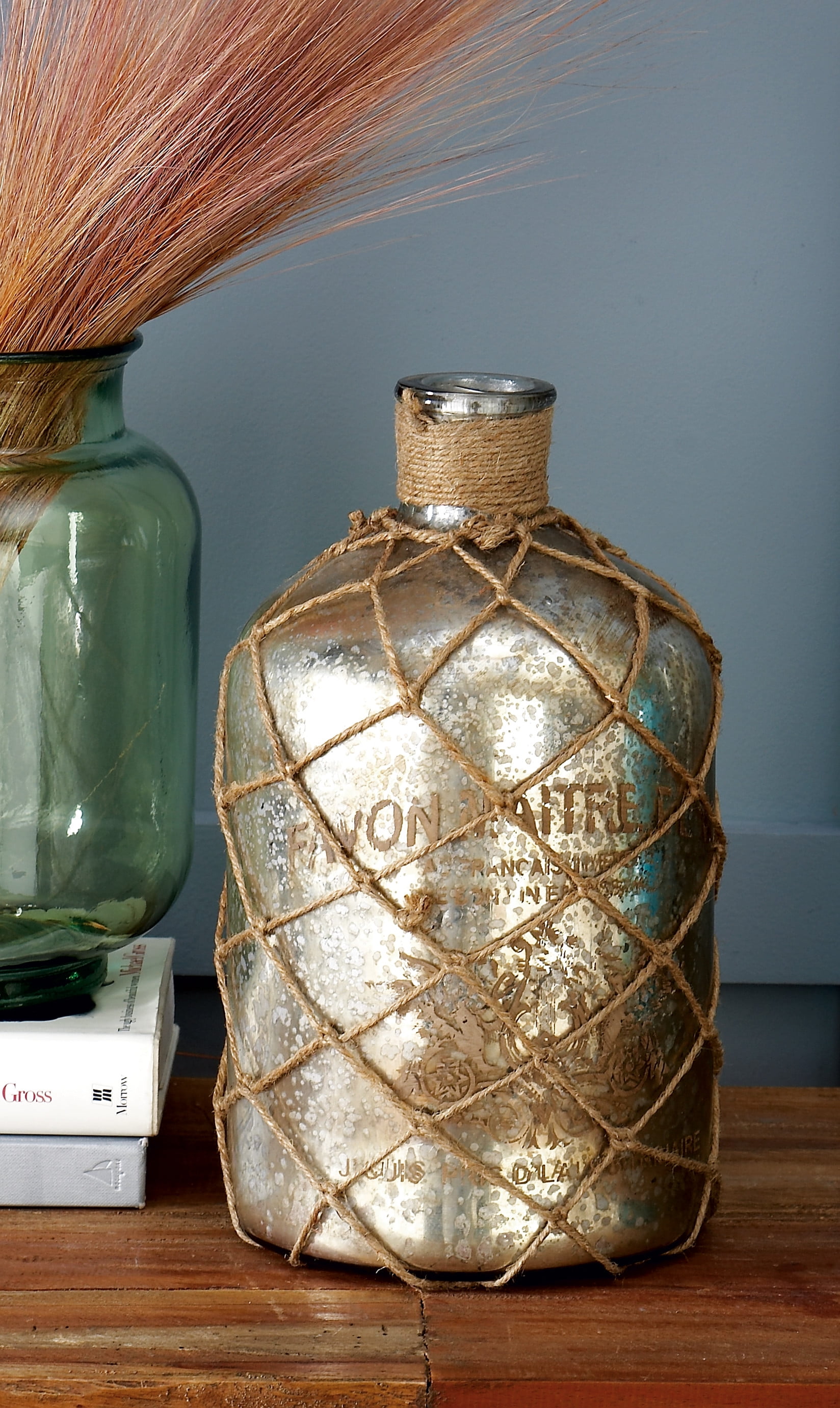 DecMode Rustic 12 inch distressed silver vintage glass bottle with rope