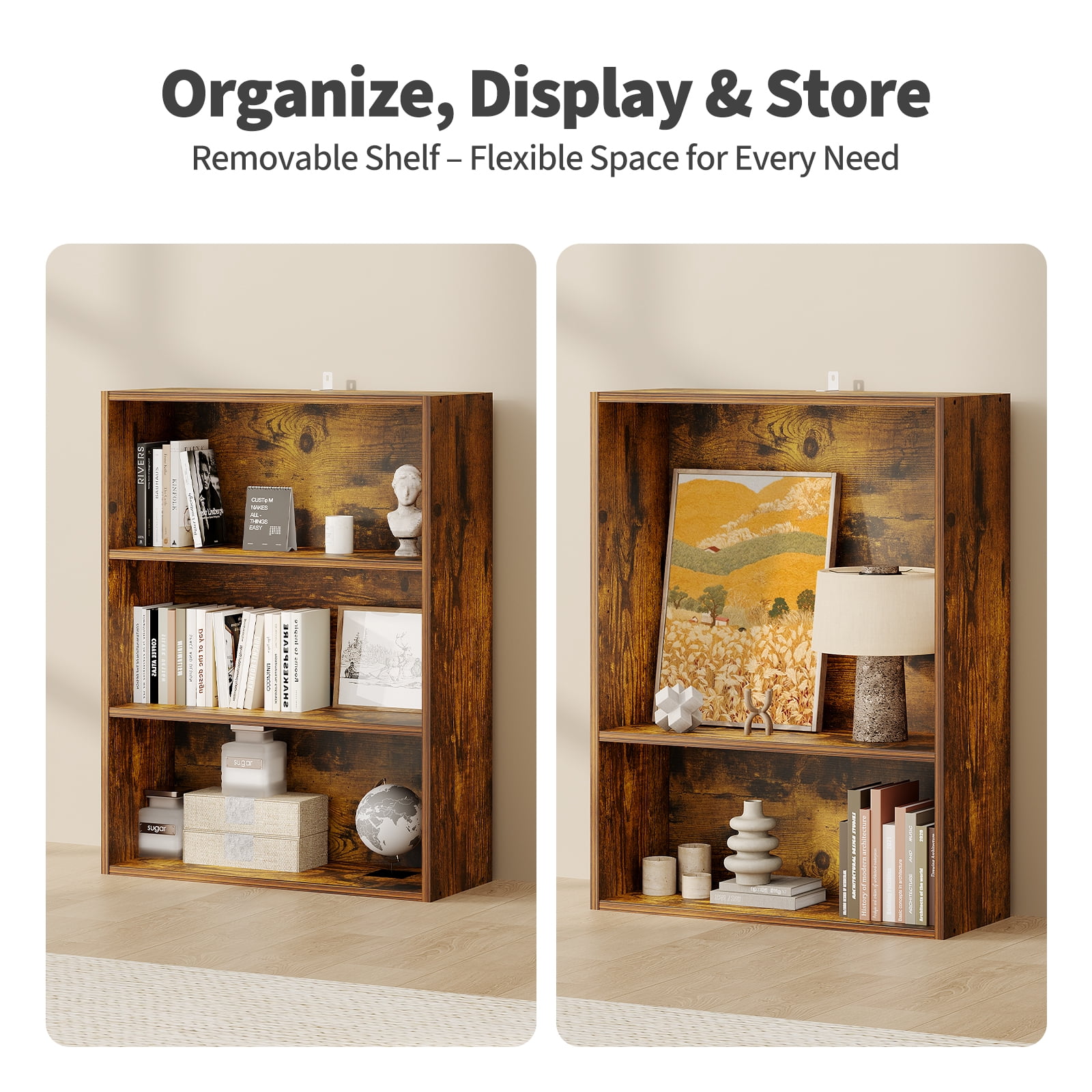Gianna 3-Tier Bookshelves with Adjustable Shelves, Floor Standing Bookcase for Home & Office Storage, Rustic Brown