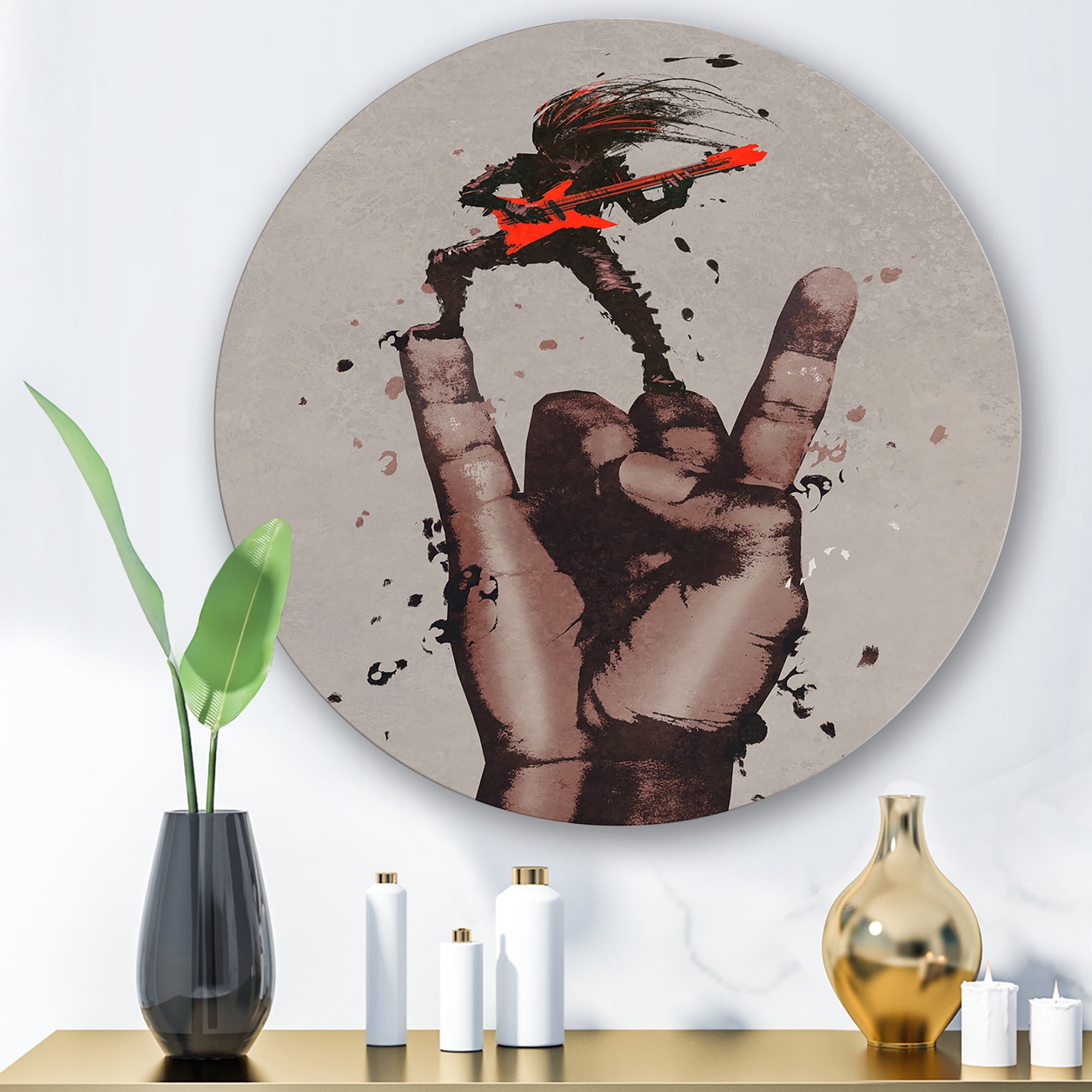 Designart 'The Guitarist On Rock and Roll Sign' Modern Circle Metal Wall Art 23x23 - Disc of 23