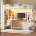 thumbnail image 3 of KOUSEI Cadre de Lit Mezzanine en Métal avec Lumières LED & Station de Charge & Bureau en Forme de L, Blanc, 3 of 11