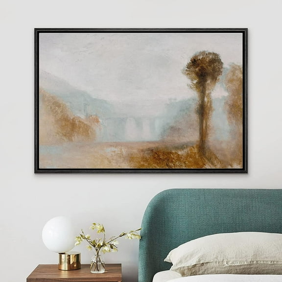 PixonSign Framed Canvas Print Wall Art Grunge Brown Blue Pastel Landscape Abstract Shapes Illustrations Modern Art Decorative Minimal Relax/Calm for Living Room, Bedroom, Office - 16"x24" Black