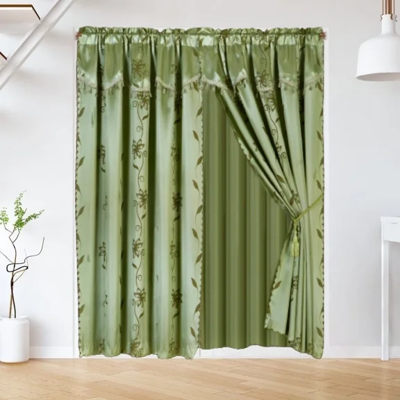 Gorgeous Home Linen Window Curtain 2 Panels 60 " Wide X 84" Length (each) Rod Pocket Floral Design With Attached Valance Sage Green Color