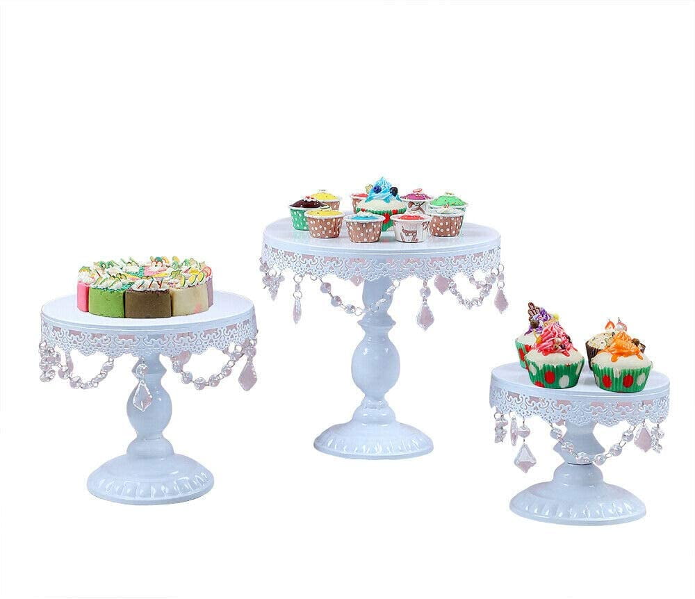 3pcs White Cake Holder Wedding Dessert Stand Set Metal Crystal Cupcake Plates 