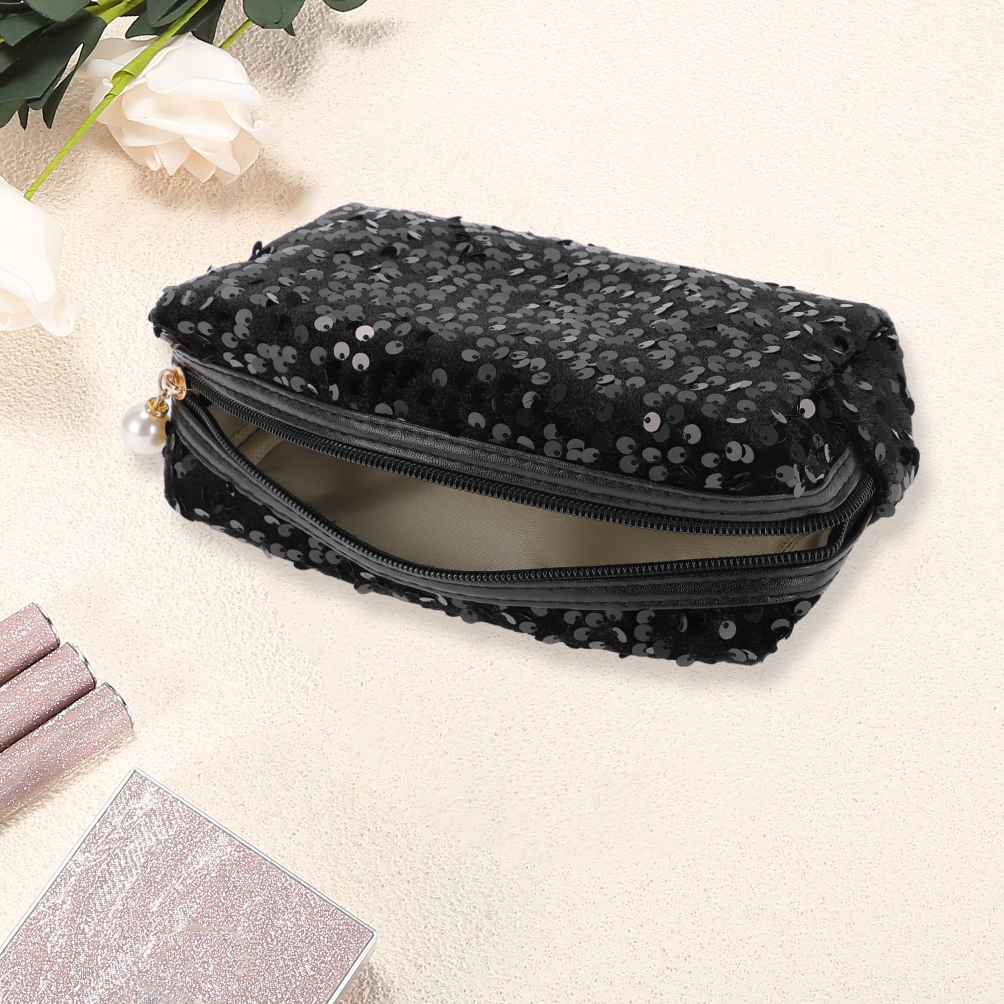 Unique Bargains 1Pc Women Durable Portable Sequin Storage Makeup Bag for Toiletry Black